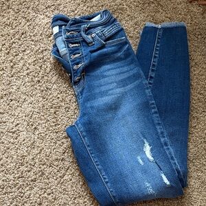 KanCan Dark Blue Skinny Jeans with Button-Fly and Distress